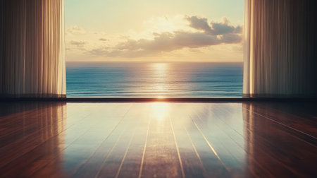 Experience a tranquil sunrise over the ocean seen through sheer curtains. The warm sunlight reflects on the polished wooden floor, creating a peaceful atmosphere.の素材