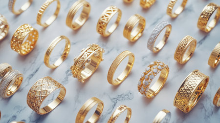 Discover an exquisite collection of elegant gold rings displayed on a marble surface, highlighting their luxurious designs and intricate textures. Perfect for fashion enthusiasts and jewelry lovers.の素材