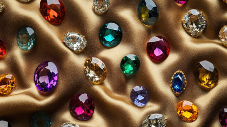 A stunning array of colorful gems displayed on soft satin fabric, showcasing their brilliance and beauty. Perfect for concepts of luxury and elegance.の素材