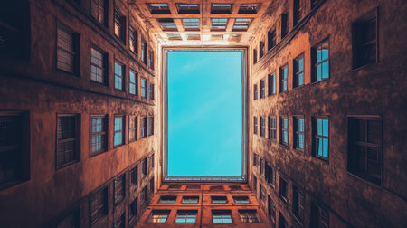 A stunning view looking up from an inner courtyard, showcasing a vibrant blue sky framed by urban architecture and historical building walls.の素材