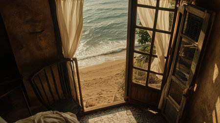 A serene coastal view from an open doorway, inviting warm sunlight and ocean sounds into the space. Perfect for conveying relaxation and escape.の素材