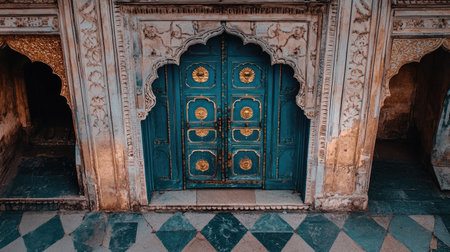 Discover the stunning details of traditional blue doors at a historical site, showcasing intricate craftsmanship and vibrant patterns that reflect culture.の素材
