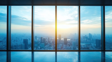 A stunning view from a modern office showcasing a beautiful sunrise over a bustling city skyline. The glass windows reflect the vibrant colors of the dawn.の素材