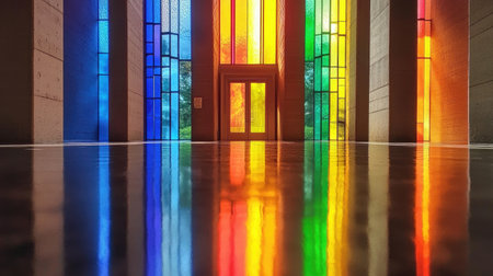 A stunning display of vibrant light filtering through stained glass windows, creating a colorful reflection on the polished floor. The serene atmosphere invites contemplation and artistry.の素材