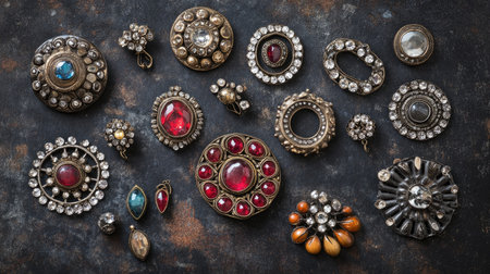 Explore a stunning collection of vintage jewelry featuring colorful gemstones and intricate designs. A perfect choice for fashion enthusiasts and collectors.の素材