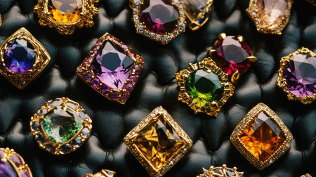A stunning collection of colorful gemstone rings showcased on a black background, highlighting their vibrant hues and intricate designs. Perfect for luxury and fashion themes.の素材