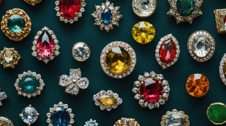 A vibrant array of vintage decorative jewelry featuring colorful gems and intricate designs. Perfect for showcasing beauty and elegance in adornments.の素材
