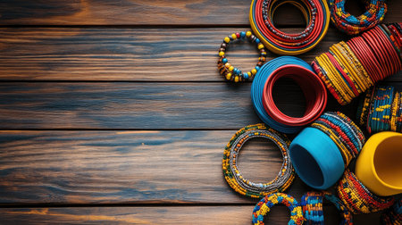 A vibrant collection of colorful beaded bracelets displayed on a wooden surface, showcasing intricate designs and craftsmanship suitable for fashion and ornament use.の素材