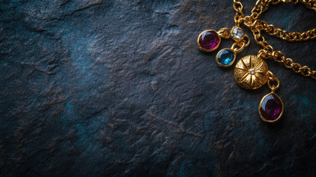 Capture the beauty of an elegant gold necklace adorned with colorful gemstones. This closeup showcases intricate design and luxurious charm. Perfect for jewelry enthusiasts.の素材