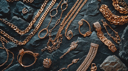 A stunning arrangement of various gold jewelry pieces displayed on a dark stone background, showcasing elegant designs and intricate details, perfect for fashion and accessories themes.の素材