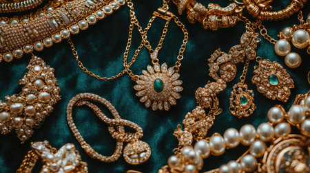 A stunning array of vintage jewelry pieces displayed on rich green velvet. Features intricate designs and a variety of gems, perfect for showcasing elegance.の素材