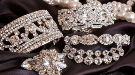 A stunning arrangement of sparkling jewelry on rich fabric showcasing intricate designs and luxurious textures. Perfect for fashion and elegance themes.の素材