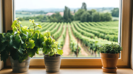 A serene view of a vineyard through a window, featuring potted plants on the windowsill, creating a cozy and inviting atmosphere with a touch of nature.の素材