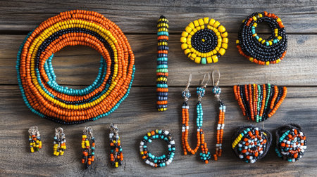 A stunning arrangement of vibrant beaded jewelry featuring earrings, necklaces, and bracelets. Perfect for showcasing creativity and artisan craftsmanship.の素材