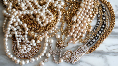 Discover an exquisite collection of vintage jewelry featuring pearls, gold chains, and sparkling rhinestones arranged on a marble surface, perfect for adding elegance to any decor.の素材