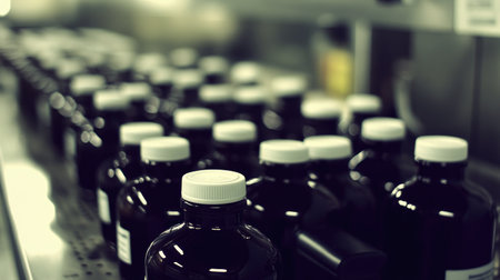 A row of dark glass bottles on a production line in a factory. The setting emphasizes cleanliness and organization in industrial manufacturing processes, highlighting efficiency.の素材