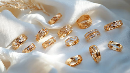 A stunning collection of elegant gold rings arranged on a soft fabric backdrop, showcasing intricate designs and sparkling details for a luxurious feel.の素材