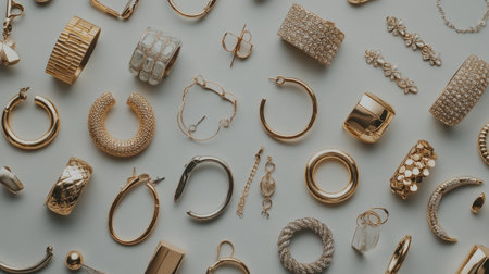 Discover a stunning arrangement of gold jewelry, showcasing unique designs and intricate details ideal for fashion lovers and accessory enthusiasts.の素材