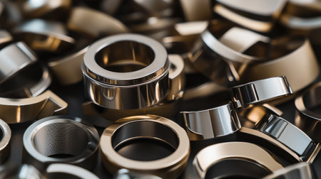 A close-up view of assorted metallic rings showcasing their reflective surfaces and unique textures, perfect for industrial or abstract design themes.の素材