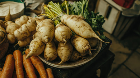 A beautiful arrangement of fresh root vegetables, including carrots and turnips, displayed on a rustic table. Ideal for food styling and healthy cooking inspiration.の素材