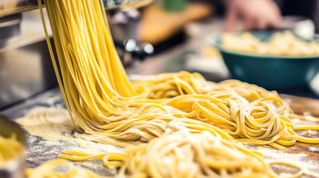 A delicious scene of freshly made pasta being rolled out in a kitchen. The vibrant yellow strands lie on a wooden surface, surrounded by flour.の素材