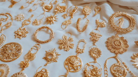 Discover a stunning array of gold jewelry pieces showcased on a soft white background. Perfect for fashion enthusiasts and jewelry lovers alike.の素材