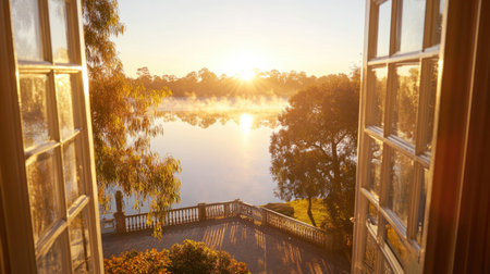 Enjoy a peaceful sunrise view from open doors overlooking a tranquil lake. The soft morning light reflects off the water, creating a serene atmosphere.の素材