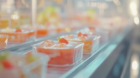 A stunning display of colorful desserts in containers, showcasing an array of sweet treats. Perfect for catering, buffets, and dessert presentations.の素材