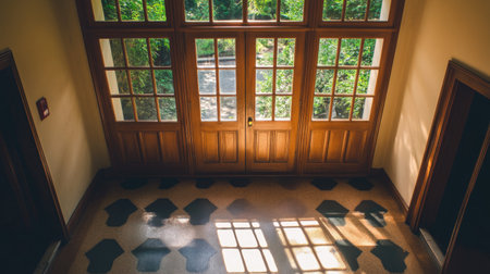 This image captures bright sunlight filtering through wooden windows, illuminating a tranquil indoor space with a charming view of nature.の素材