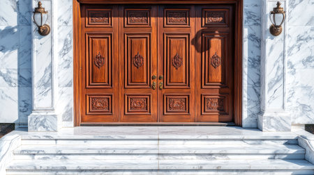 A stunning view of elegant wooden doors framed by a marble entrance, showcasing intricate details and luxurious design elements perfect for architectural themes.の素材