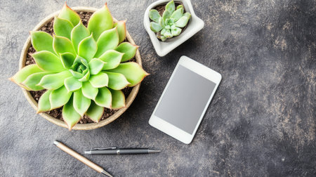 A stylish flatlay featuring vibrant succulent plants in pots alongside a smartphone and pen, perfect for modern office and home decor aesthetic.の素材