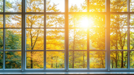 A stunning autumn sunrise shining through a large window, showcasing vibrant trees and colorful leaves, creating a peaceful and serene atmosphere.の素材