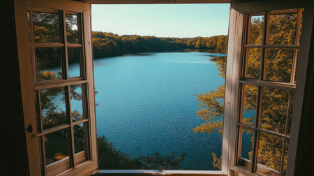 A peaceful view of a serene lake framed by open windows, showcasing the beauty of nature. This inviting scene captures tranquility and calmness, perfect for relaxation.の素材