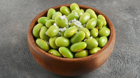 Discover vibrant edamame beans sprinkled with sea salt in a rustic wooden bowl. Perfect for healthy snacking or as a nutritious side dish.の素材
