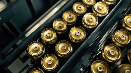 A close-up view of gold beverage cans on a production line, showcasing the intricate details and modern machinery involved in metal can manufacturing.の素材