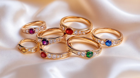 A stunning arrangement of colorful rings with gemstones displayed on a soft silk fabric. This image captures the elegance and luxury of fine jewelry.の素材