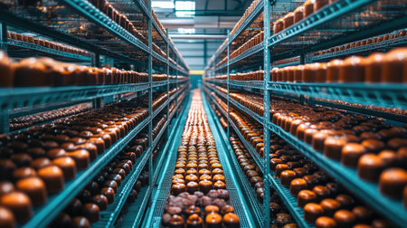 A stunning view of neatly organized shelves filled with various handmade candies in a factory setting, showcasing the colorful variety of artisanal treats.の素材