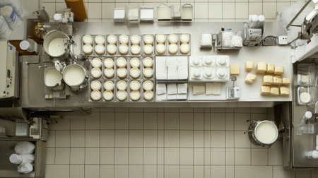 An organized dairy processing workspace featuring various equipment, containers, and ingredients. Ideal for showcasing dairy production techniques and clean environments.の素材