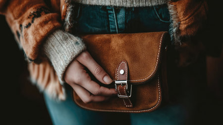 A close-up of a trendy brown suede bag held by a person, showcasing a warm and cozy outfit. Ideal for fashion and lifestyle themes.の素材