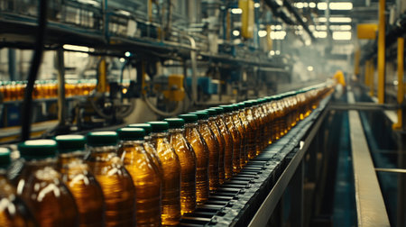 This image showcases a modern bottling process in an industrial facility, highlighting an assembly line filled with bottles, machinery, and efficient operations.の素材