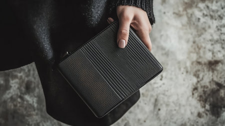 A stylish black wallet held in a hand, showcasing its sleek design and textured surface. Perfect for highlighting contemporary fashion accessories.の素材