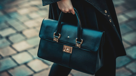 A fashionable woman is walking through a city street, elegantly holding a stylish black handbag. The image captures a perfect blend of urban chic and sophisticated style.の素材