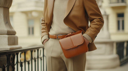 A stylish model showcases an elegant outfit featuring a brown handbag against a sophisticated urban backdrop. Perfect for fashion and lifestyle themes.の素材