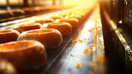 This captivating image showcases freshly made donuts on a production line, illuminated by the warm glow of sunrise, highlighting their golden glaze and delectable appeal.の素材