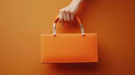 A stylish orange handbag held by a hand, set against a smooth backdrop. This minimalist image captures the essence of modern fashion and chic design.の素材