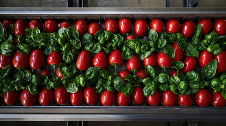 Fresh tomatoes and spinach are arranged on a conveyor belt, showcasing vibrant colors and textures. Perfect for food photography and agriculture themes.の素材
