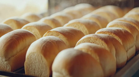 A tempting display of freshly baked soft bread rolls, showcasing their golden-brown crust and fluffy texture. Ideal for culinary, food-related projects.の素材