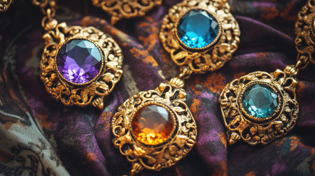 A close-up view of elegant vintage jewelry featuring colorful gemstones set in ornate designs. The rich colors and intricate details create a luxurious aesthetic.の素材
