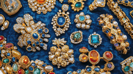 Explore an elegant collection of vintage gold jewelry, showcasing intricate designs and colorful gemstones, perfect for adding a touch of luxury to any outfit.の素材