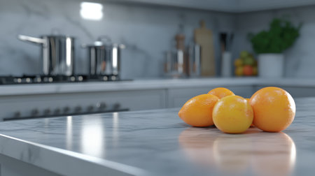 A beautiful arrangement of fresh oranges on a stylish marble countertop in a modern kitchen, showcasing vibrant colors and a clean aesthetic perfect for culinary inspiration.の素材